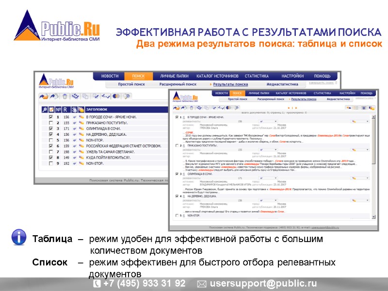 ЭФФЕКТИВНАЯ РАБОТА С РЕЗУЛЬТАТАМИ ПОИСКА  Два режима результатов поиска: таблица и список